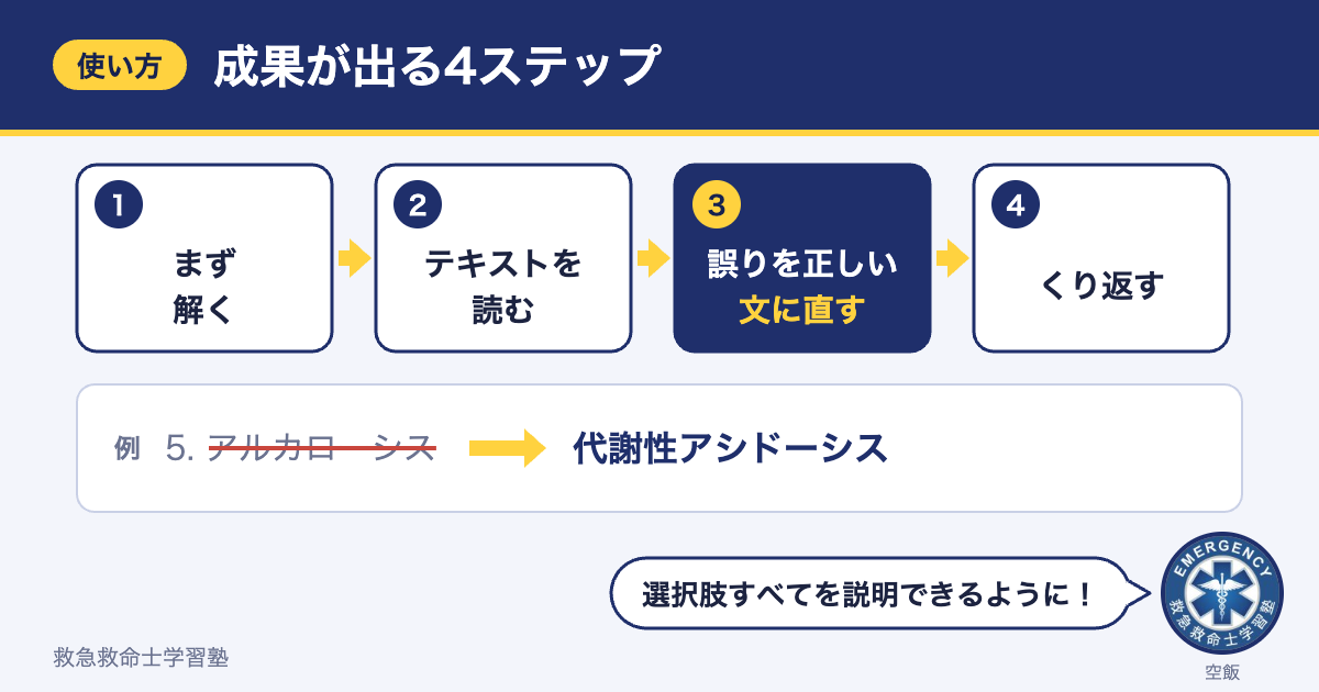 問題集830の使い方4ステップ（解く・テキストを読む・誤りを正しい文に直す・くり返す）